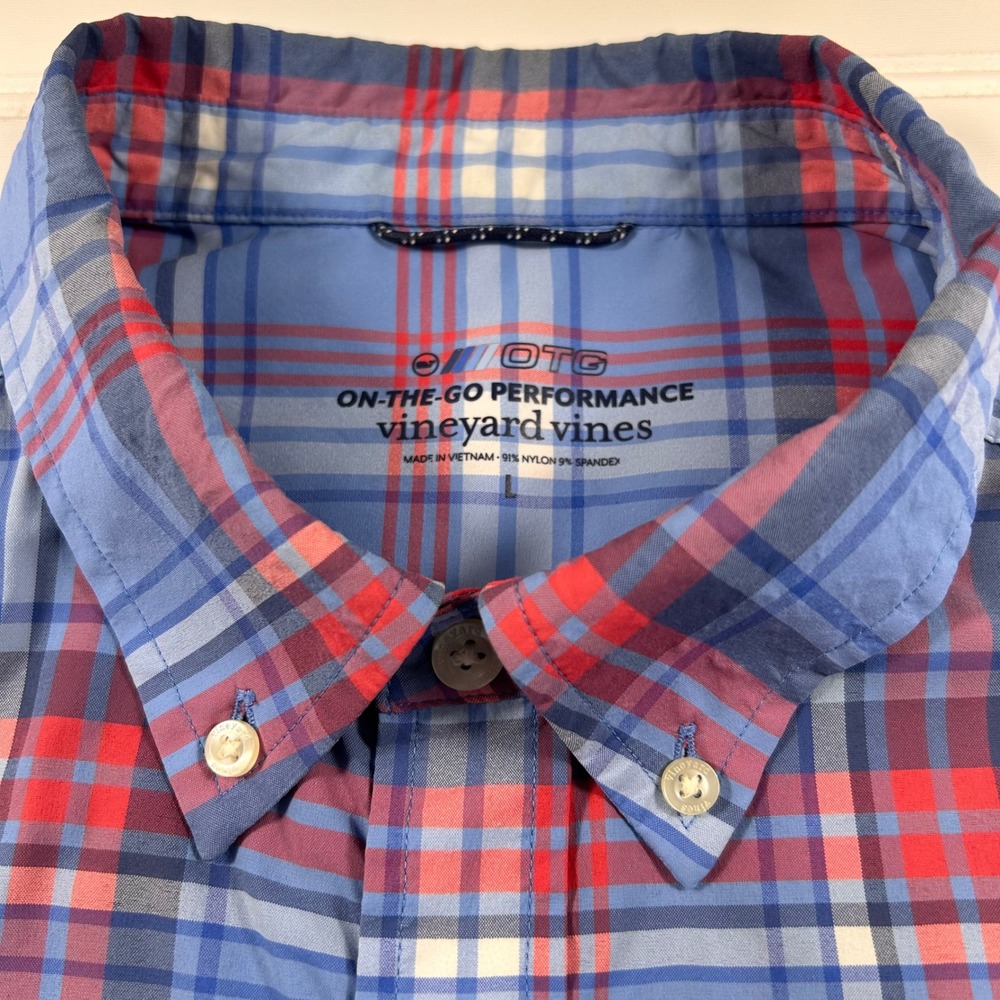 Vineyard Vines OTG Performance Shirt Mens L Blue Red White Plaid Nylon Stretch